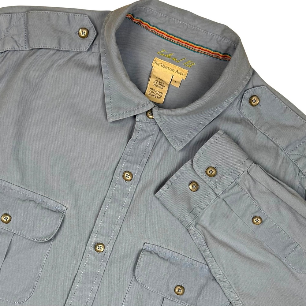 The Territory Ahead Button Up Shirt Safari Military Men L Blue Silk Linen Cotton